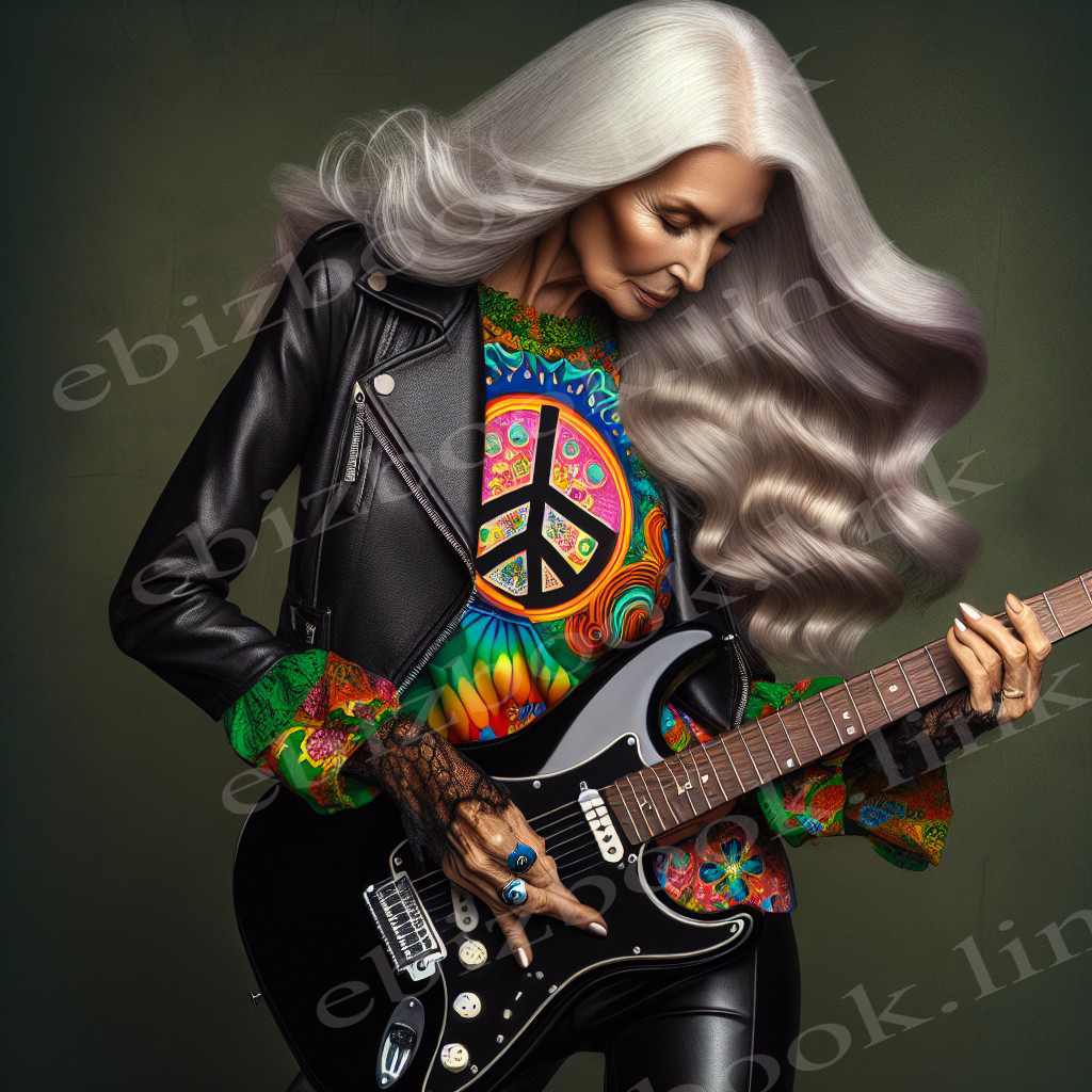 Images of old Lady playing electric guitar, 70's nostalgia